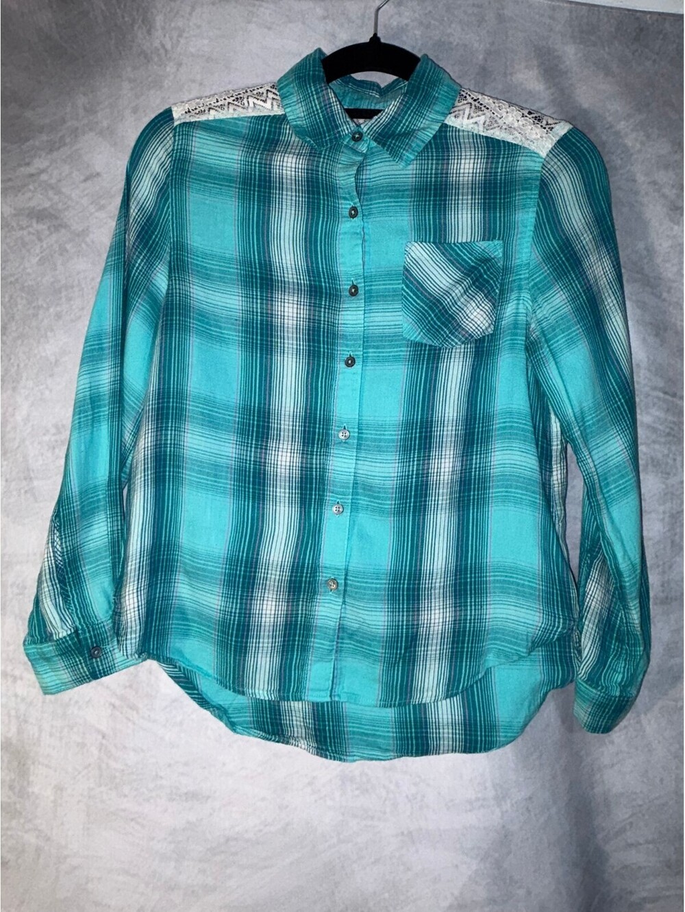 Mudd Girls Teal Plaid Button Front Shirt Lace Shoulder Accent Size 12